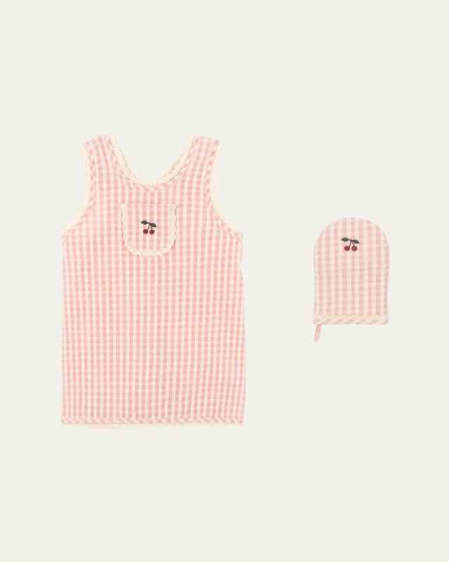 Girl's Gingham-Print Frill Apron & Mitten Set